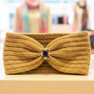 Ladies Tan Vintage Style Jewel Knitted Winter Headband